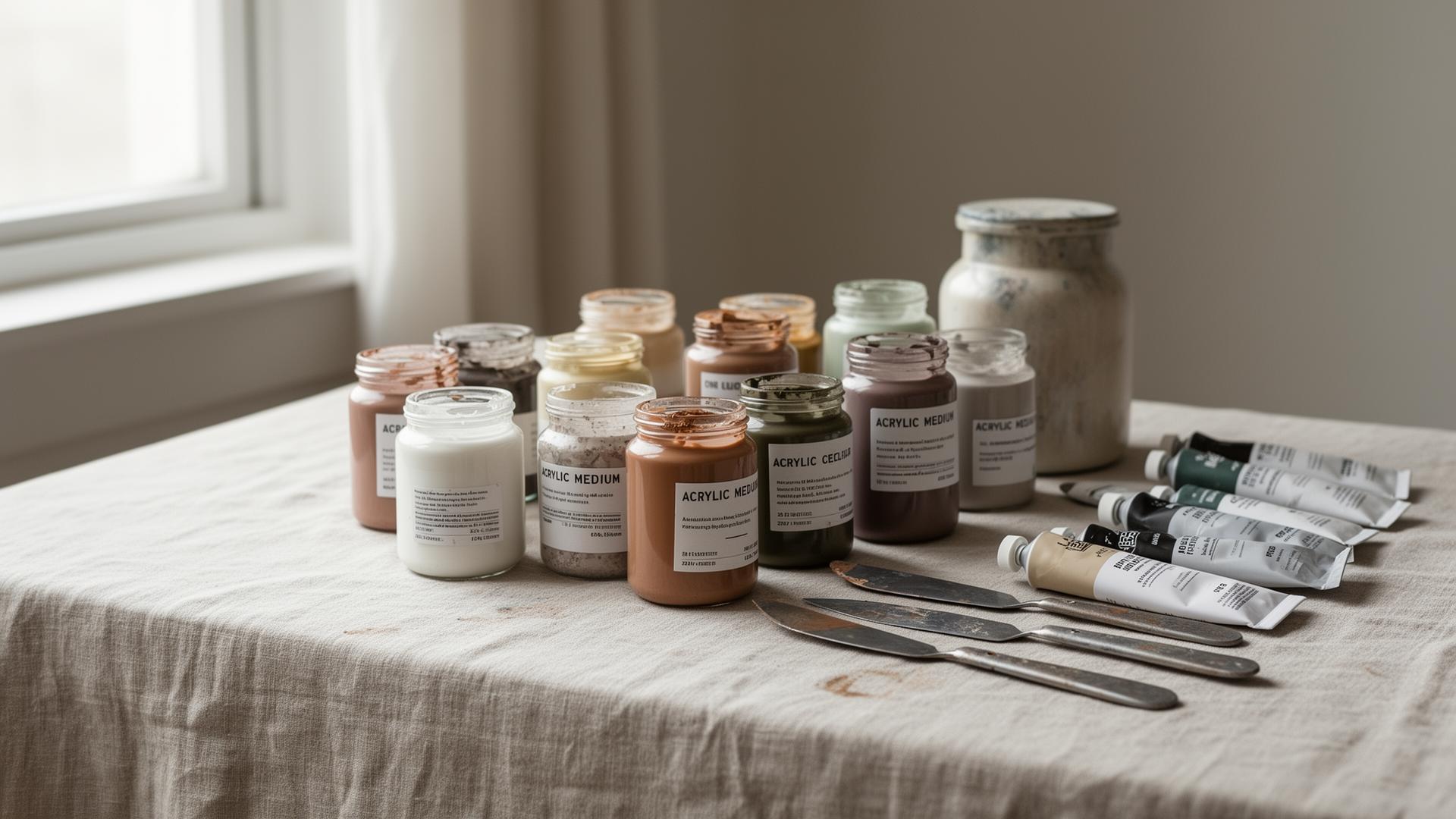 Acrylic mediums, gels, and palette knives in the studio